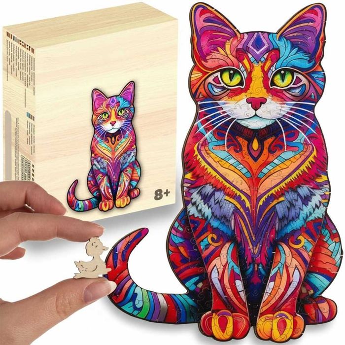 Puzzle din lemn pisica 130 piese colorate pentru adulti copii 38x24cm
