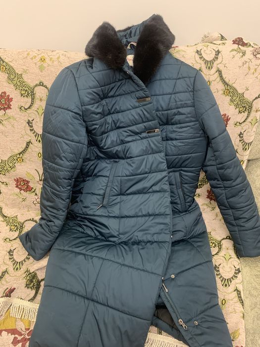 Пуховик зимний, цвет морской волны, воротник норковый, капюшон.