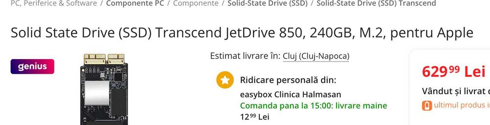 SSD Transcend JetDrive 850 240GB M.2 pentru Apple - TS240GJDM850