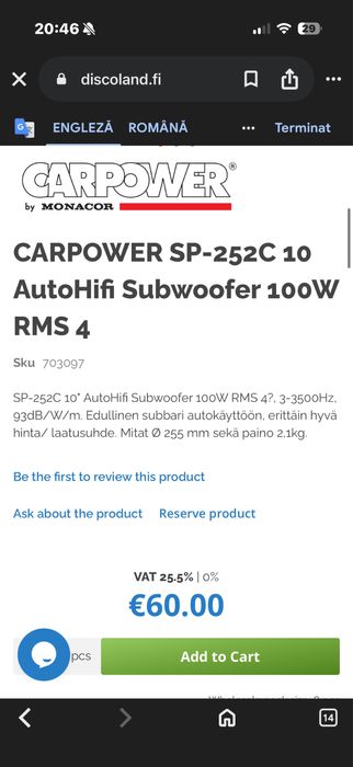 Subwoofer auto Carpower SP-252C