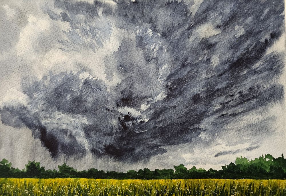 Нов акварел "Дъжд се вихри над полето"