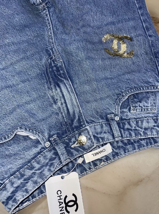 Chanel denim шанел дънки панталони златни висока талия лъскави сини