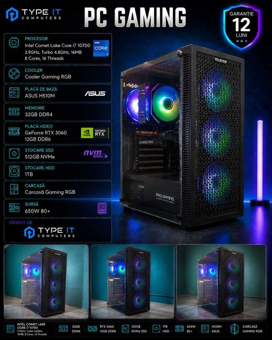 Calculator Gaming I7 10700, 32GB DDR4, RTX 3060 12GB DDR6, 512 Nvme