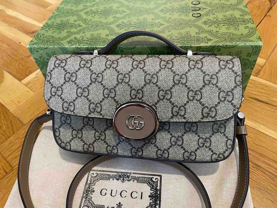 Дамска Малка Чанта Gucci Гучи Petite Щампован Canvas Сребърно GG лого