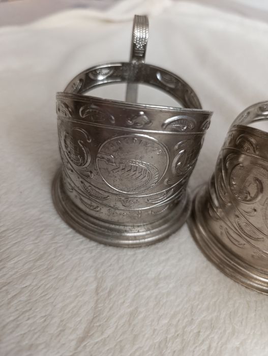Set 4 suporturi pahar ceai Podstakannik argintate, URSS 1967 – Hidrocentrala Zaporojie / DniproHES