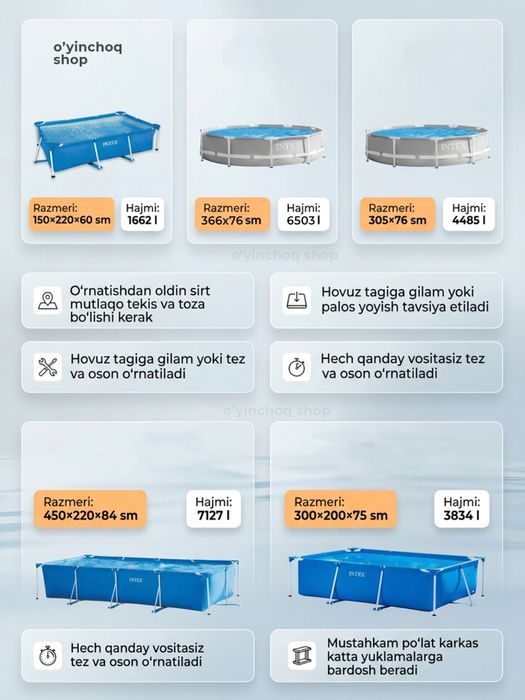 Karkasli basseyn INTEX 450x220x84 sm, oilaviy hovuz 7127L