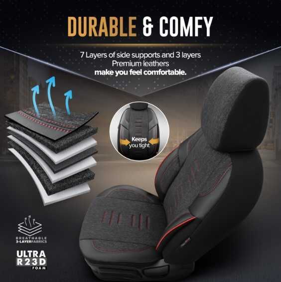 Луксозна тапицерия OTOM текстил с еко кожа THRONE Design – Черна с червен шев