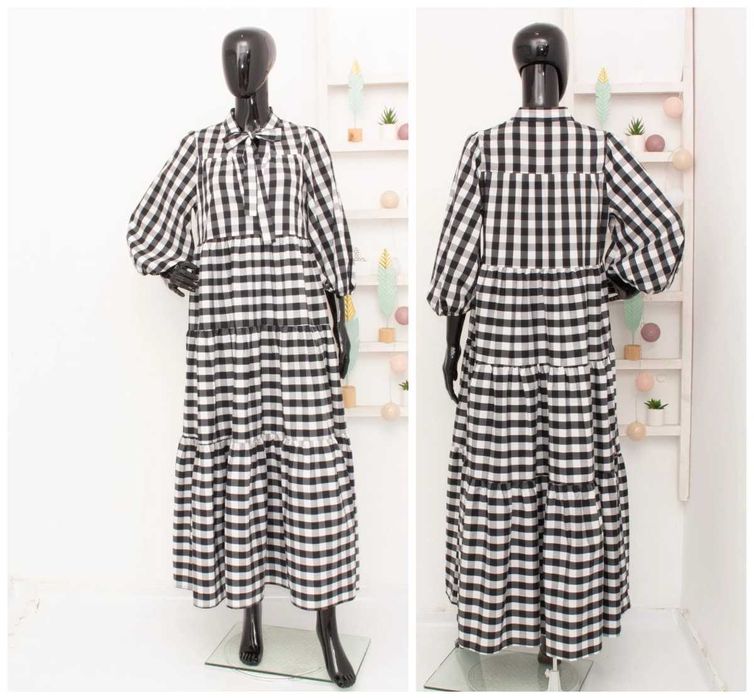 Otto D'Ame дизайнерска дамска рокля в каре черно бяла миди дължина 38