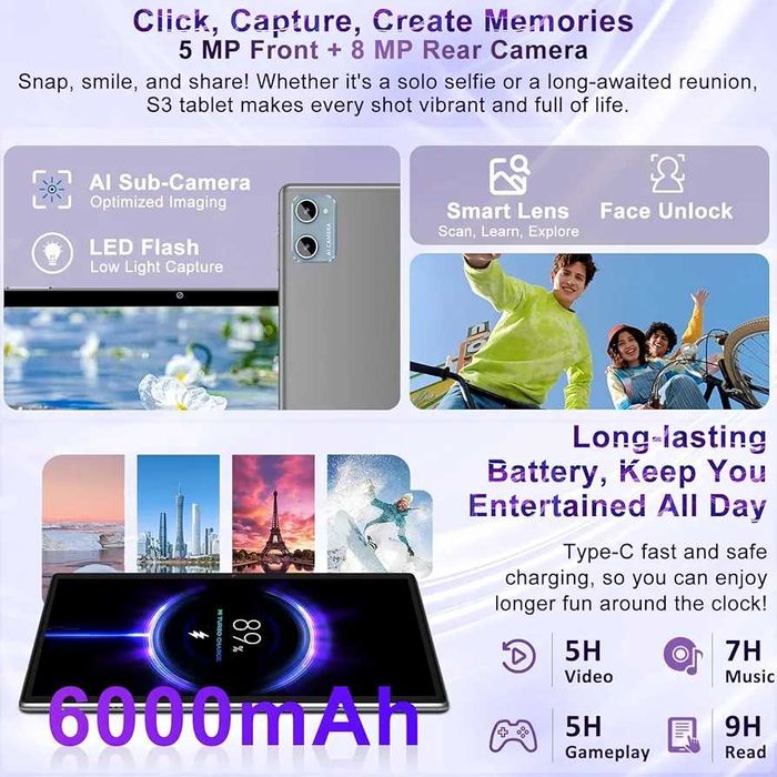 Запечатан таблет SUAAT S3 10 инча – Android 15, 30GB RAM, 64GB...