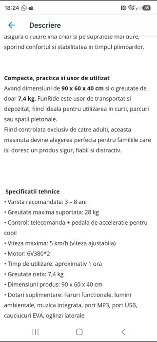 Masina  neagra copii 3-8 ani