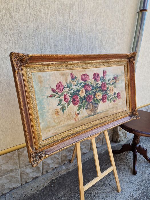 Натюрморт голям антикварен масло платно автор рамка