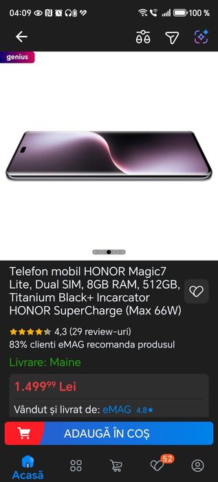 Telefon mobil HONOR Magic7 Lite, Dual SIM, 8GB RAM, 512GB, Titanium Bl