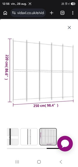 Paravan de cameră vidaXL cu 5 panouri, alb, 250x220 cm, material textil