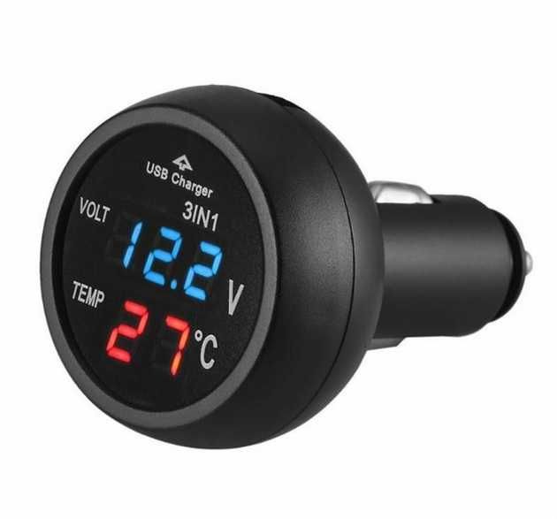 Волтметър, Термометър и USB зарядно за кола, уред 3 в 1