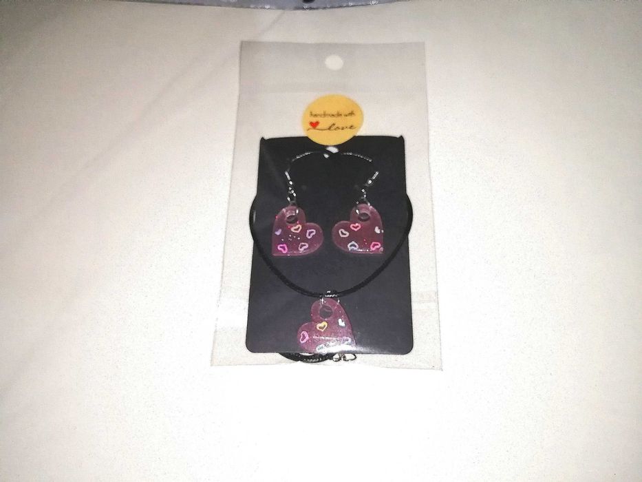 Set Colier + Cercei Love Glitter Hart, handmade, fashion, modele unice