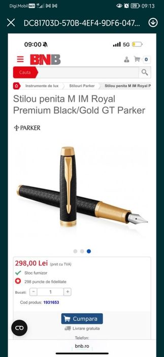 Stilou Parker nou, nefolosit, cu rezervă cerneală