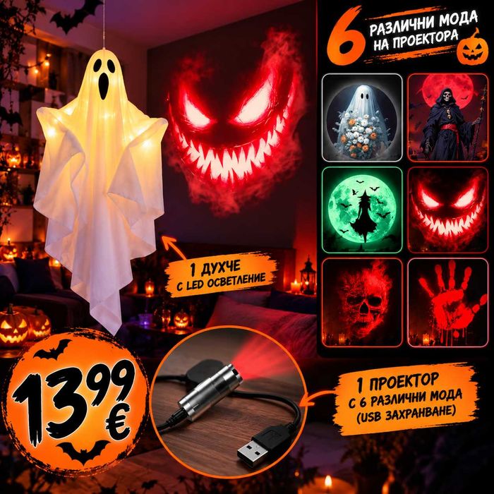 LED проектор лампа за Halloween Хелоуин, 6 хорър прожекции, с USB декорация, украса