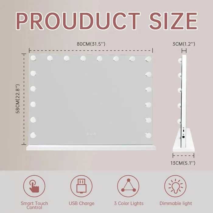 Гримьорско Огледало Hollywood style 46×58 с 15 led 80 × 60 см. 18 LED