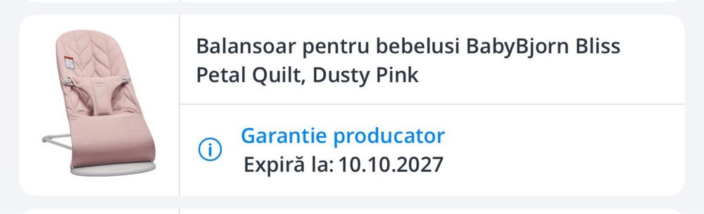 Balansoar BabyBjörn Bliss + jucărie, garanție până în Octombrie 2027