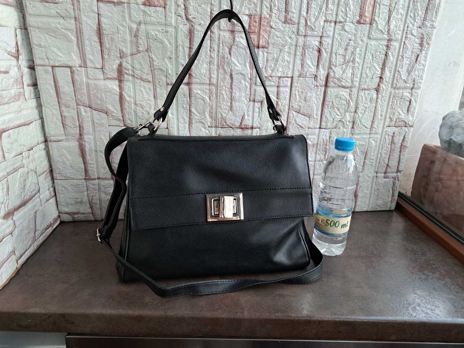 дамска чанта,черна кожена торба-естествена кожа