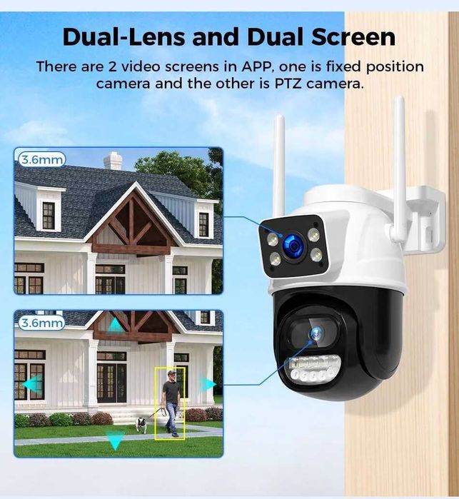 4K 8MP Външна WiFi PTZ Безжична Камера Двоен обектив ,Нощно виждане