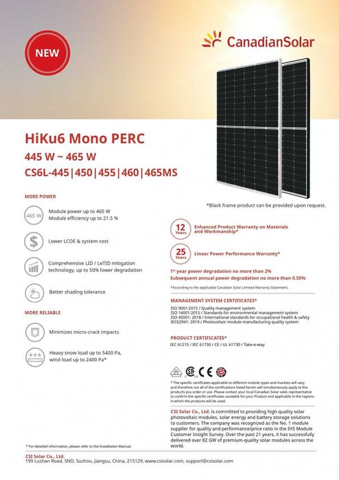 Panou fotovoltaic monocristalin Canadian Solar CS6L-460MS, 460W, HiKu6