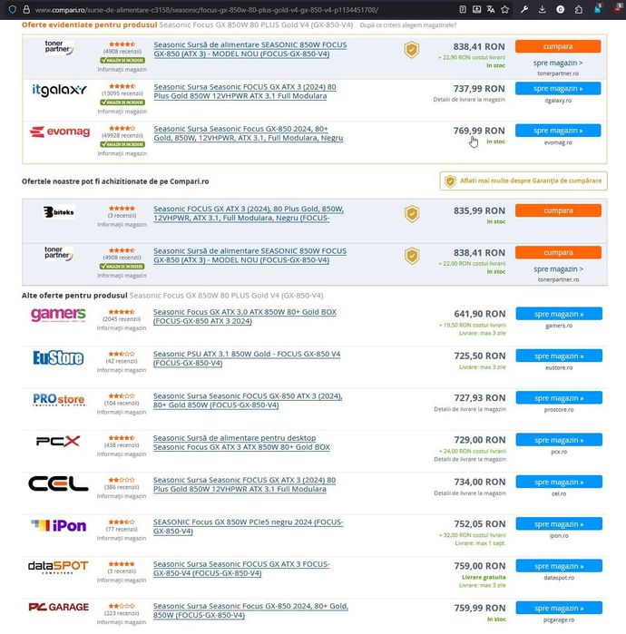 Sursa Seasonic Focus GX-850 2024 V4 gold.ATX3.1 NOUA.garantie 2034.11