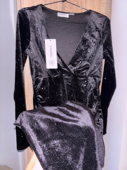 Rochie eveniment Ch anel - negru catifea sclipici fin NOU