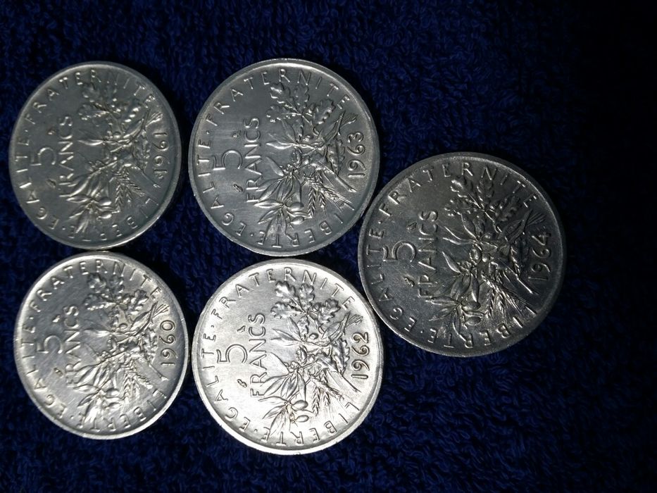 Lot 5 monede argint 5 francs anii 1960-1964 necirculate tip liberty
