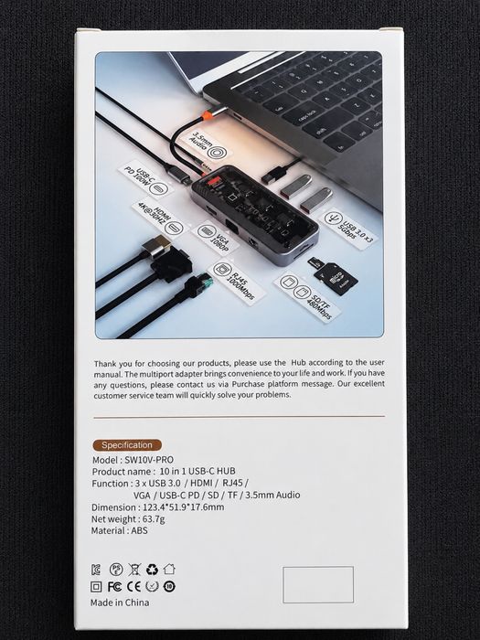 Hub USB-C 10-in-1 SW10V-PRO – HDMI, VGA, RJ45, USB 3.0, SD/TF
