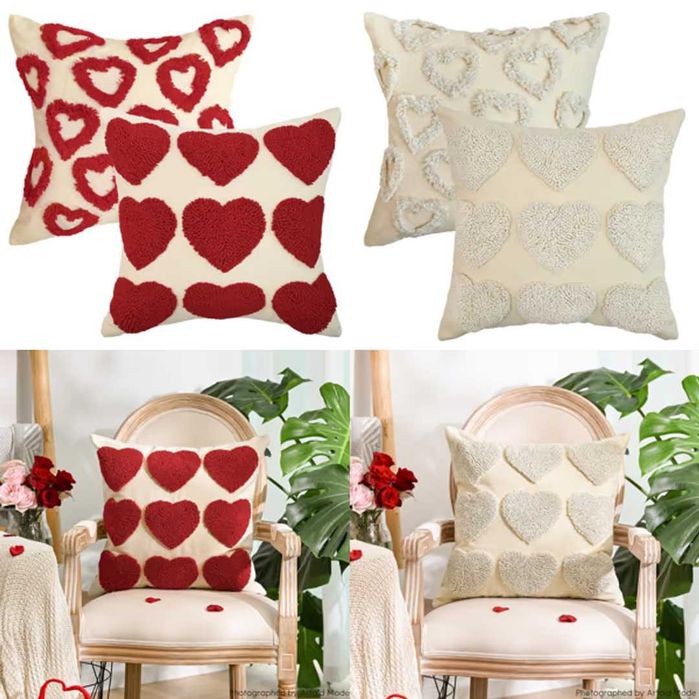 Huse perne jacquard catifea, 45x45cm model inimă roșie și inimă albă