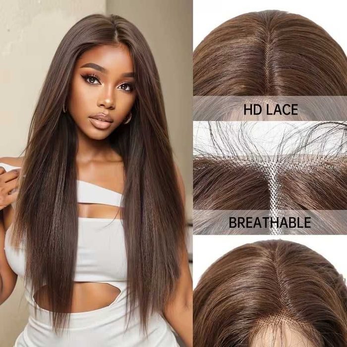 Кафява права перука 65 см с дантелен път T Part Lace 13x4x1