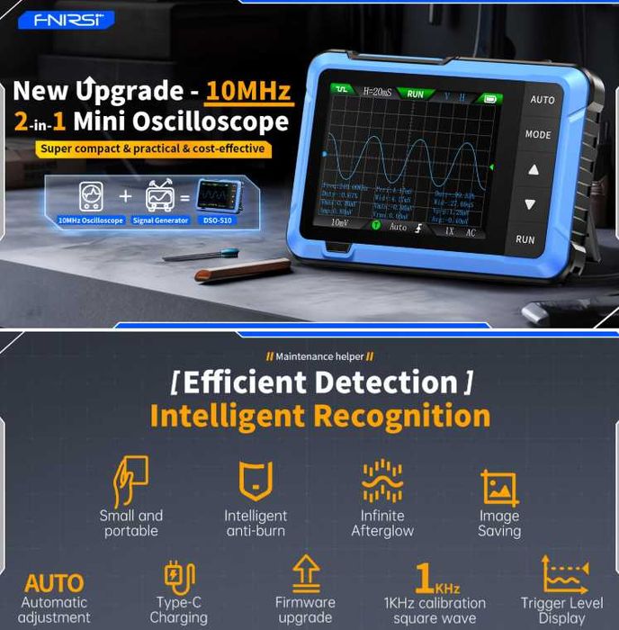 Професионален Честотомер Цифров Осцилоскоп FNIRSI DSO510 10MHz 48MS/s Честотна Лента 0-50KHz Сигнал Генератор ± 400V Напрежение Ремонт на Електроника