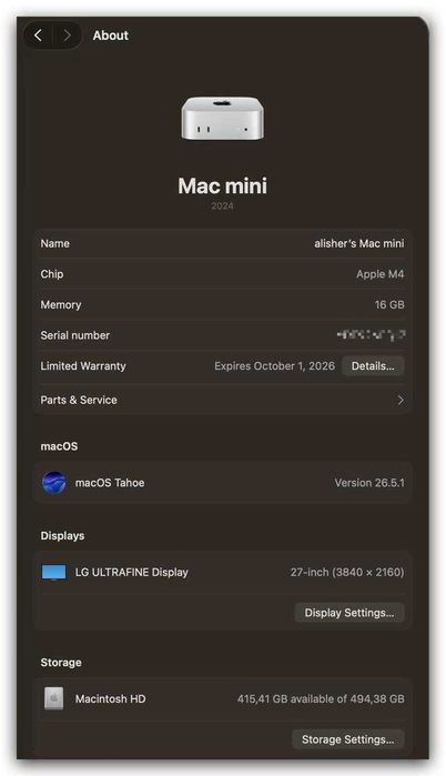mac mini m4, 16gb/512gb