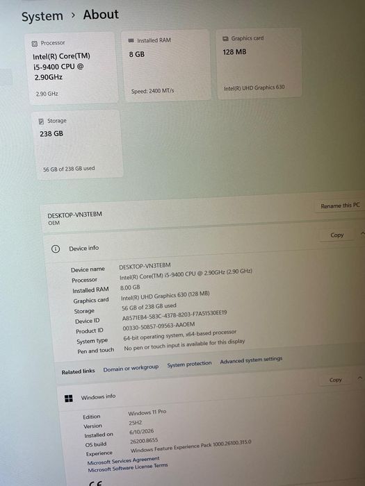 Vand mini PC cu i5 9400/256SSD/8GB RAM