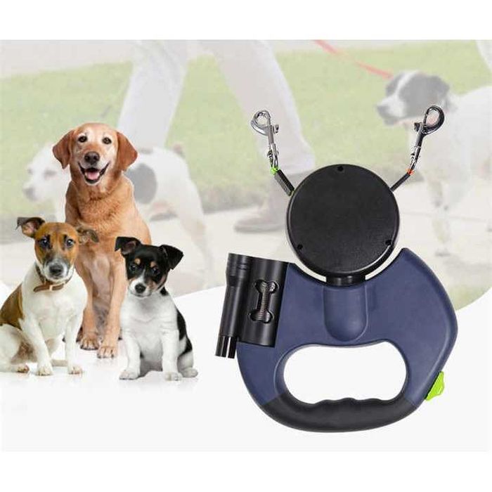 Lesa Retractabila Dubla pentru Caini 2 in 1, cu LED, Suport Pungi