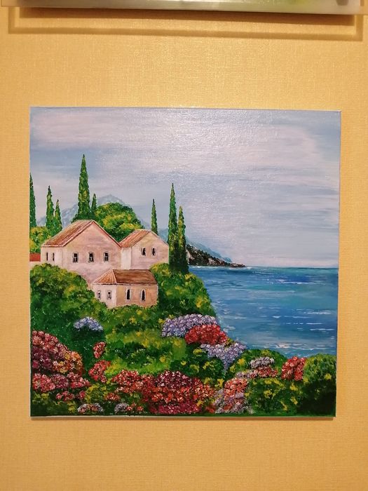 Продам картину, домики у моря