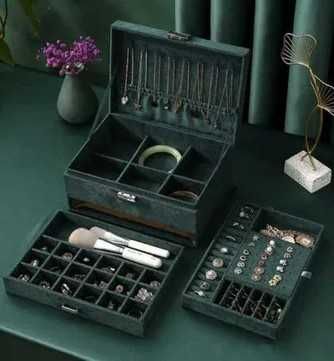 Луксозна кутия за бижута с ключ за заключване и много отделения, черна