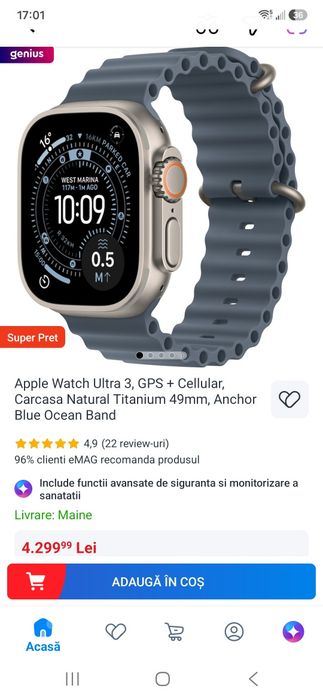 Apple Watch Ultra 3, GPS + Cellular, Carcasa Natural Titanium 49mm, Anchor Blue Ocean Band Perfect