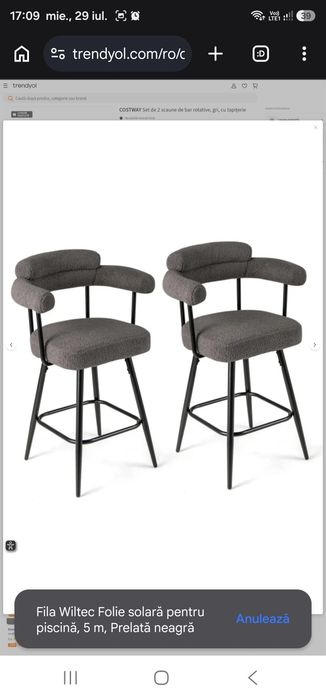 Set de 2 scaune de bar rotative, gri, cu tapițerie