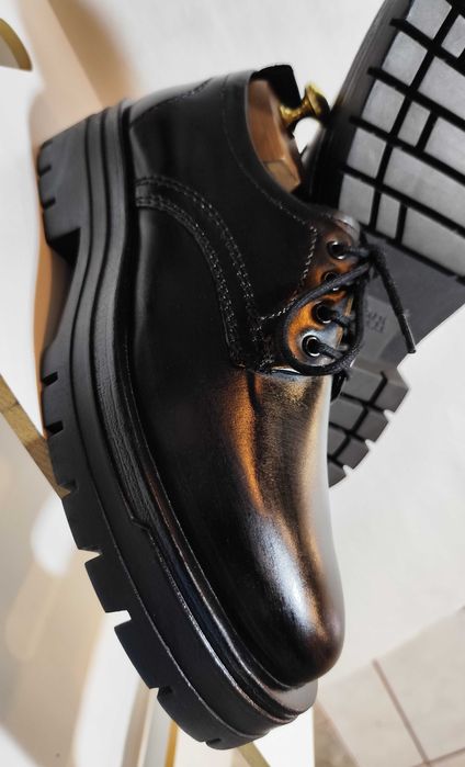Pantofi derby 41 41.5 lace up ZARA NOI piele naturala negru