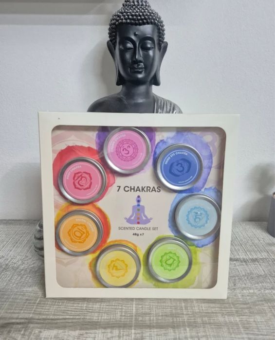 нов Комплект 7 ароматни чакра свещи+подарък, медитация, йога, свещ, ом