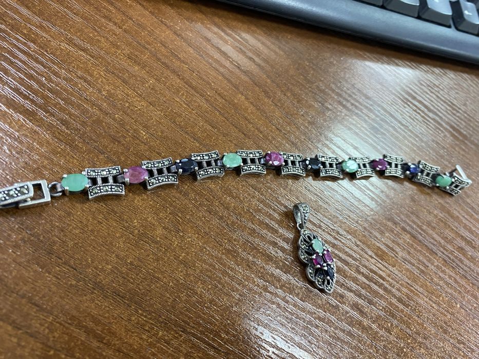 Серебрянный набор: браслет, кольцо, серьги, кулон