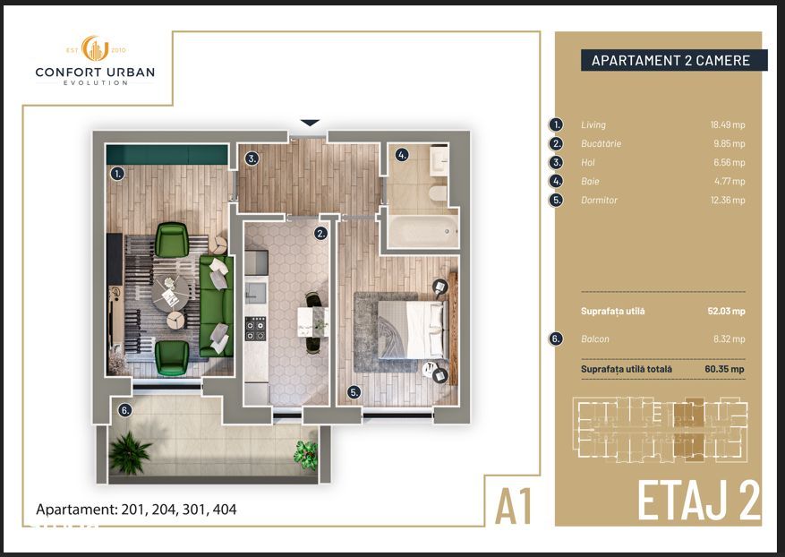 Apartament luminos cu 2 camere, balcon 8 mp, 60.35mp Confort Evolution