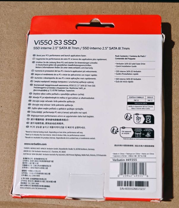 4TB Verbatim Vi550 S3 SSD диск SATA III 2.5 черен 100% здраве с кутия,  скорост на четене/запис 540 мb.sec. / 500 мb.sec.