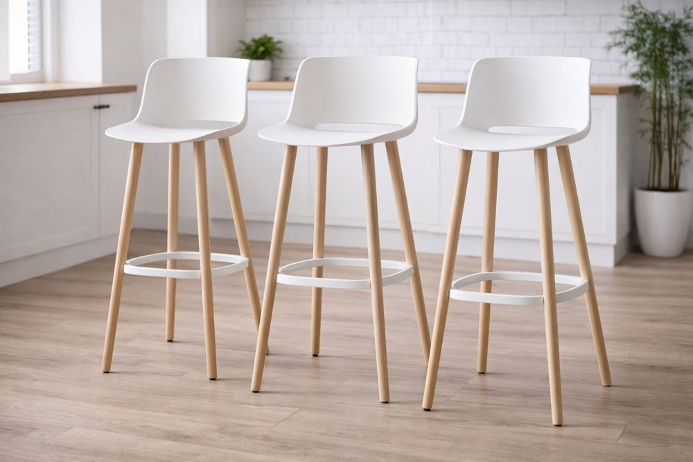 Set 3 scaune de bar moderne, stil scandinav, alb & lemn – stare foarte