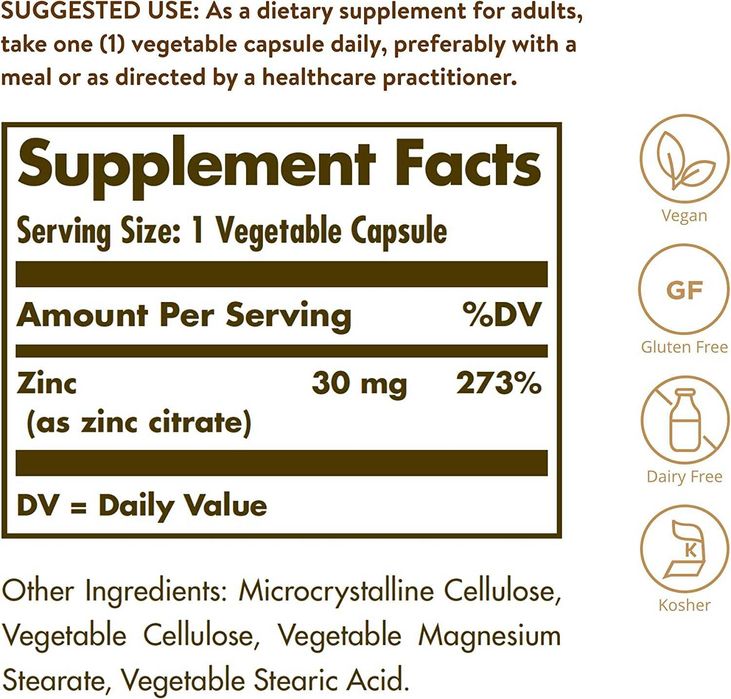Zinc Citrate 30 mg Цитрат цинка Solgar 100 растительных капсул США