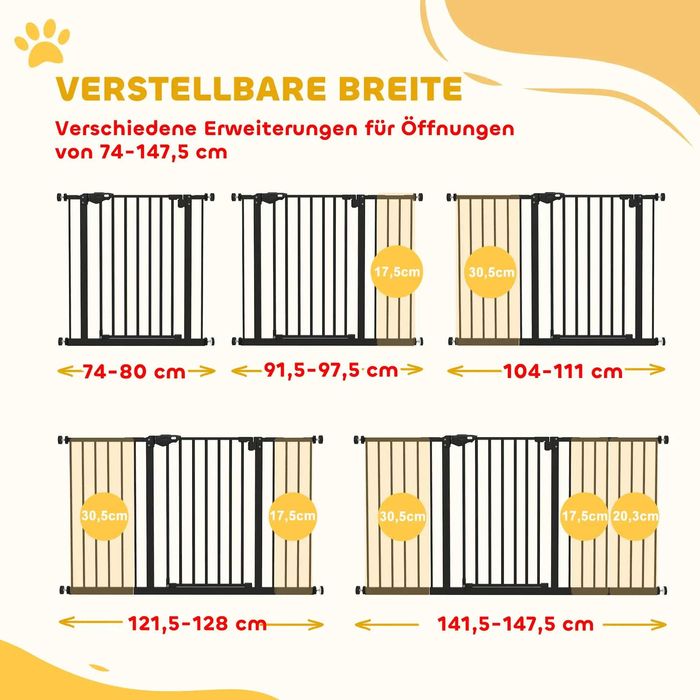 Защитна врата PawHut за кучета, 74-147,5 см, с 3 различни разширения