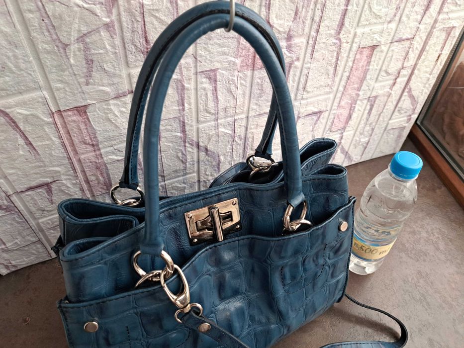 дамска чанта,кожена синя чанта-естествена кожа