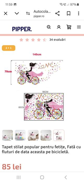 Autocolant de perete "Fetița cu fluturi pe bicicletă" 140x70 cm